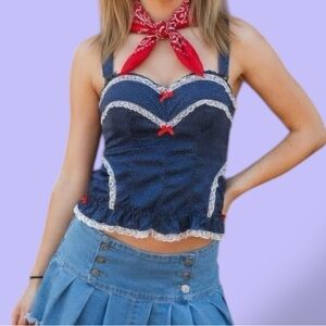 Early 2000s Satin Navy & White Polka Dot Lace Sweetheart Babydoll Top